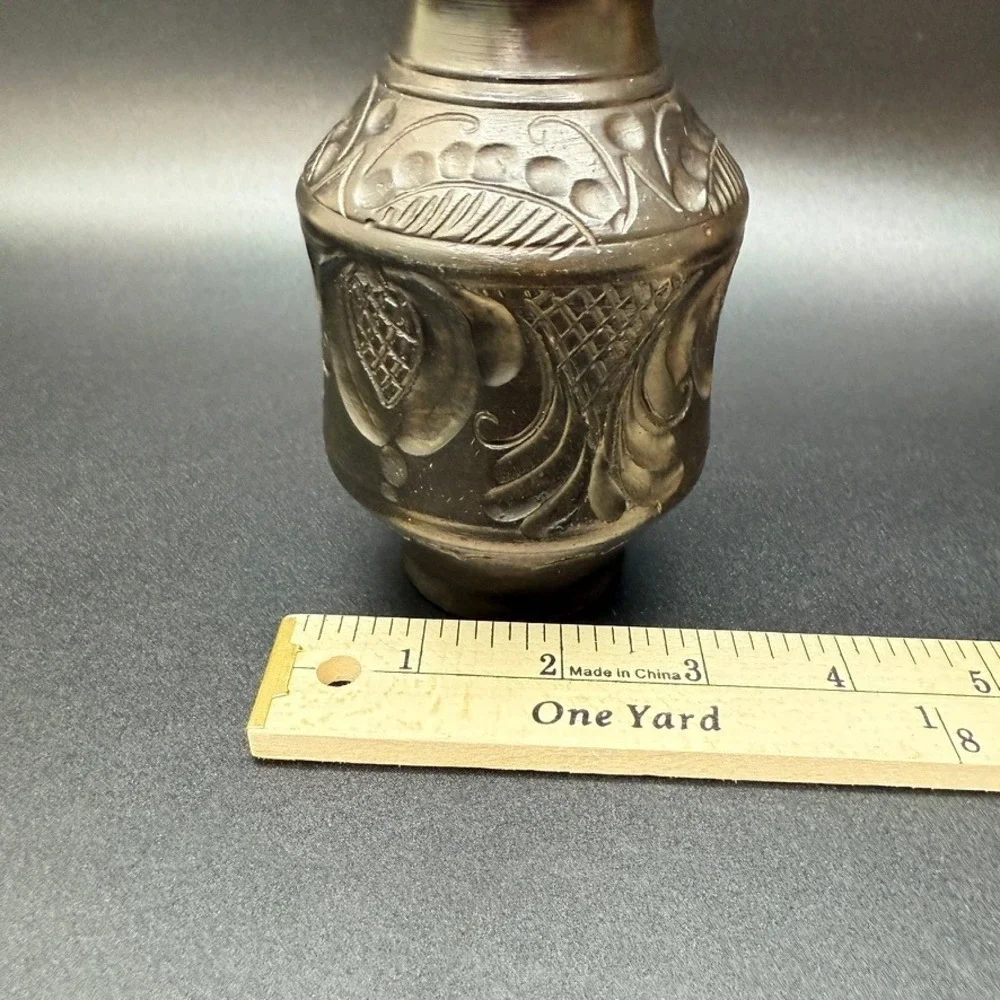 Vintage Hand Carved Ceramic Vase Dark Brown Art Pottery Decorative Floral Swirls